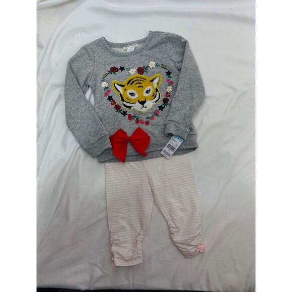 Toughskins Girl's Sweatshirt Grey Pink Red 3 Piece Set Bow and Leggings Size 3T - Picture 2 of 6